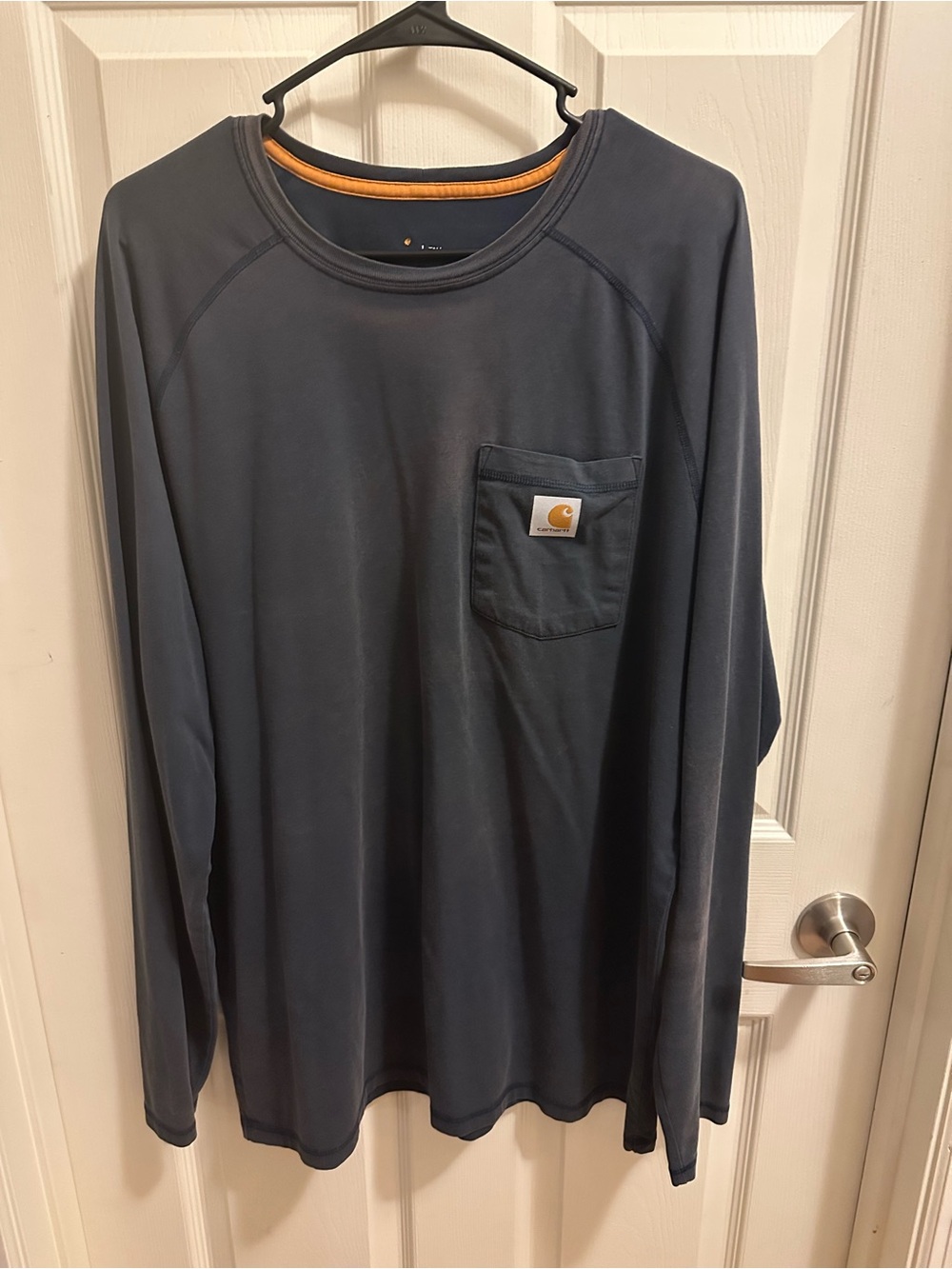 Carhartt Long Sleeve Pocket Tee in Dark Charcoal with Orange Neck Trim